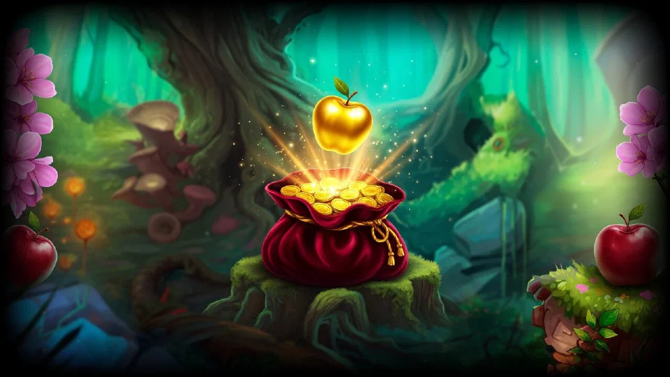 A golden apple falling into an open velvet pouch of gold coins held up by tree roots