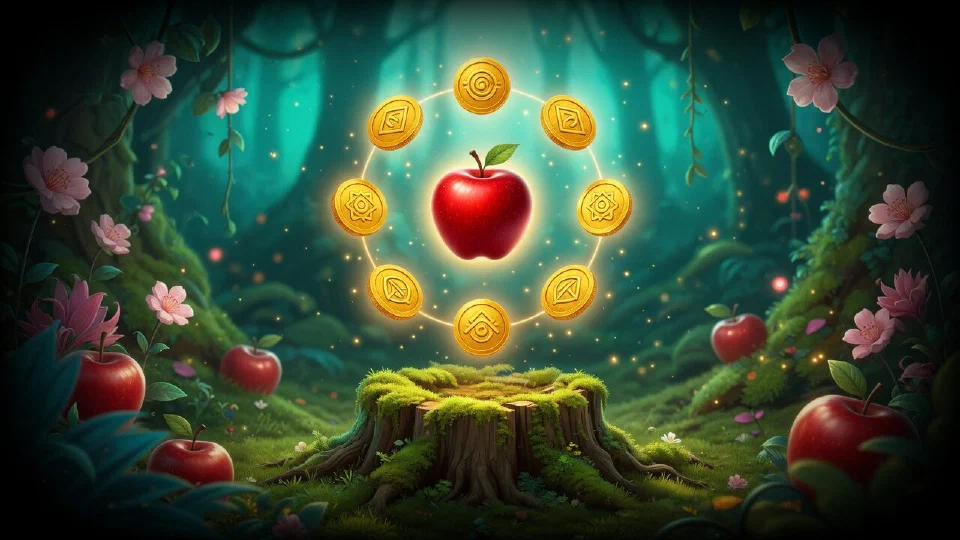 A ring of gold coins orbiting a shining red apple above a mossy stump
