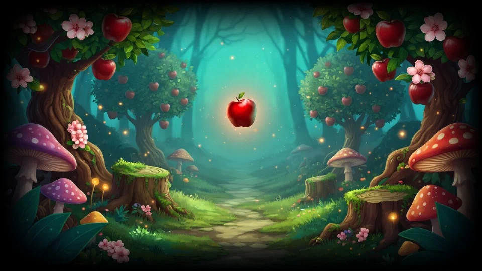 A misty forest path lined with giant mushrooms and apple trees, a glowing red apple floating in the distance