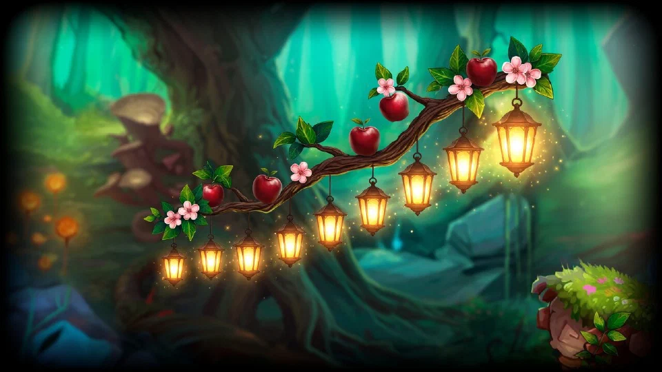 Ten glowing lanterns hanging at rising heights along an apple-tree branch, the highest shining gold
