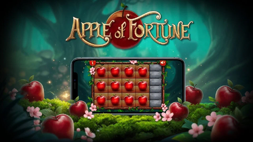 The Apple of Fortune logo above a smartphone showing the apple board, on moss among red apples and blossoms