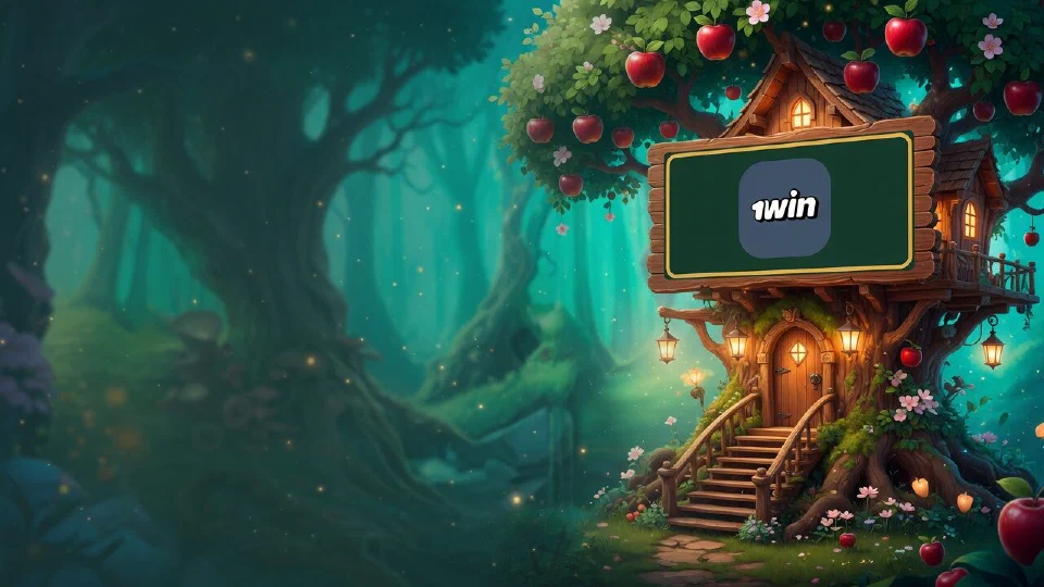 1win logo on a large wooden sign above the door of a lantern-lit treehouse lodge in an apple tree