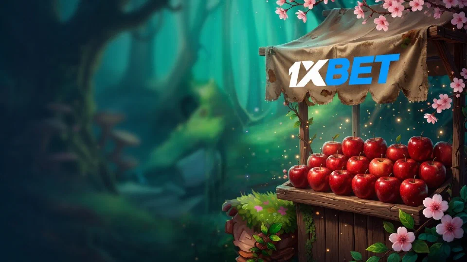 1xBet logo printed on the canvas awning of a forest market stall piled high with red apples