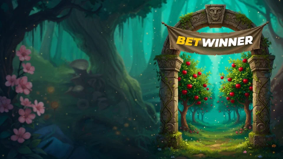 Betwinner logo on a cloth banner across the top of a carved stone archway leading into an apple orchard