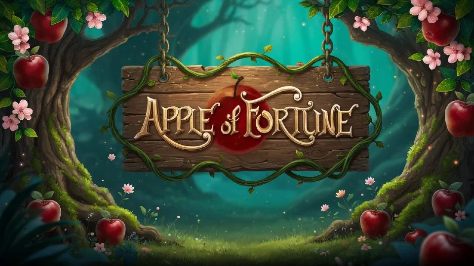 The Apple of Fortune logo painted on a wooden sign hung by vines between two apple trees in an enchanted forest