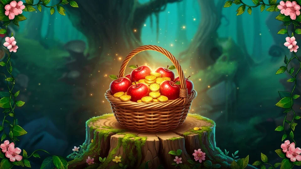 A basket of red apples and gold coins lifted from a tree stump in golden light