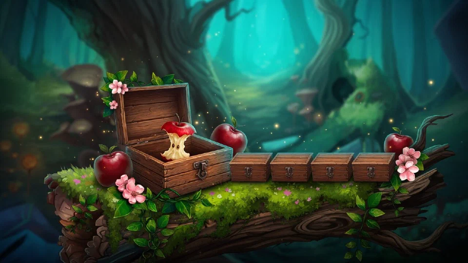 An open wooden box on a mossy log revealing an apple core, four closed boxes beside it
