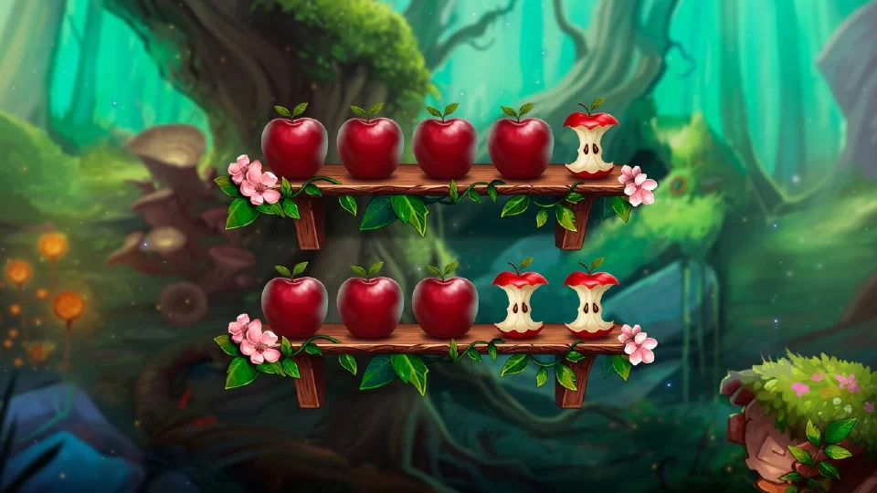 Two wooden shelves of apples: four whole apples and one core on the top shelf, three whole apples and two cores below