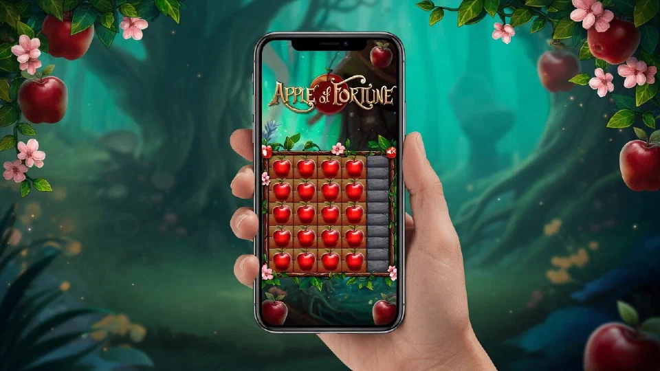 A hand holding a smartphone that shows the Apple of Fortune logo and a grid of red apples in an enchanted forest
