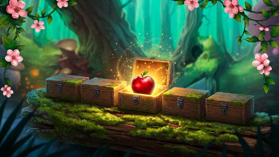 Five closed wooden boxes on a mossy log, the middle one open with a whole red apple inside