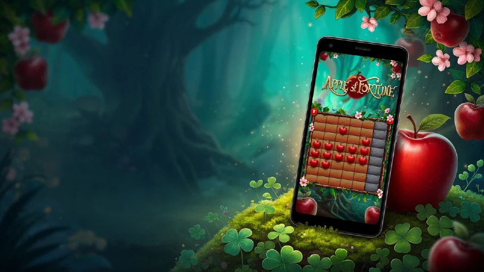 An Android smartphone showing the Apple of Fortune logo and apple board, leaning on a big red apple on moss and clover
