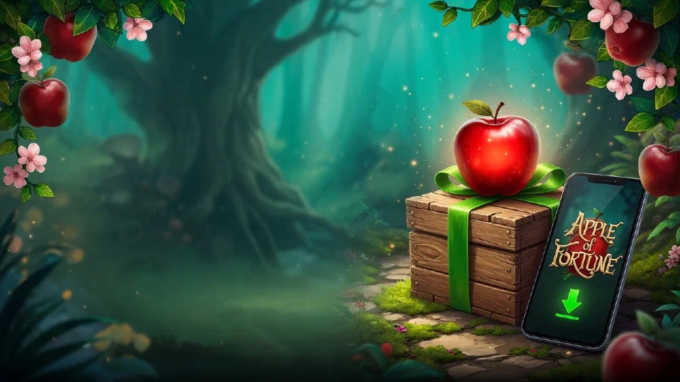 A wooden parcel tied with green ribbon and a red apple on its lid beside a phone showing the Apple of Fortune logo and a download arrow