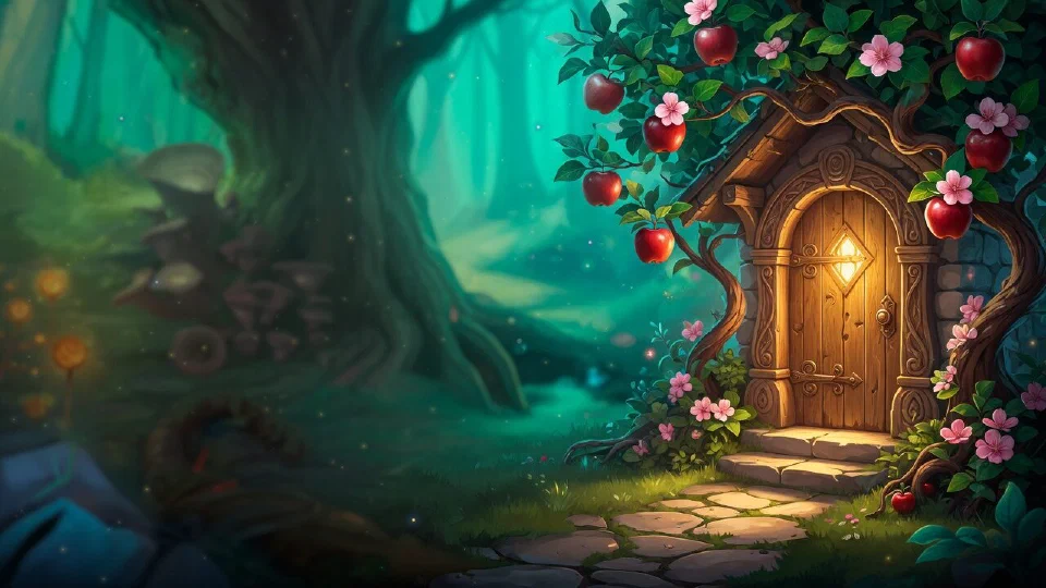 A glowing enchanted cottage door framed by apple-tree branches and pink blossoms, warm light on a stone path