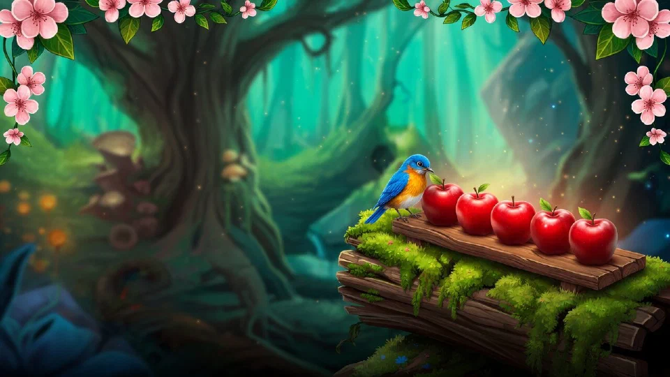 A small wooden board with five red apples in a row on a mossy log, a bluebird perched beside them