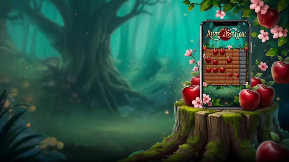 A smartphone showing the Apple of Fortune logo and its apple board, standing among red apples and blossoms on a mossy stump