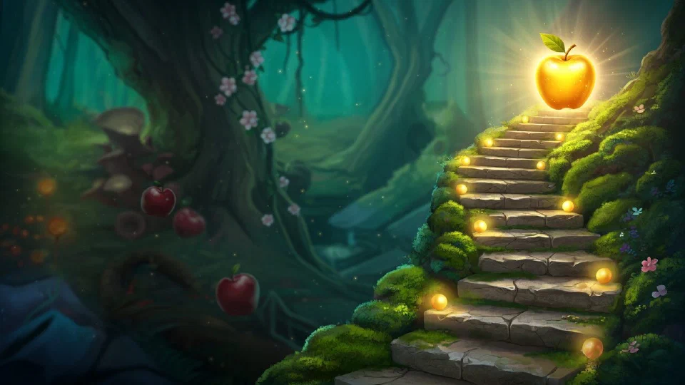 A winding stone staircase of ten lit steps climbing a mossy hillside to a radiant golden apple