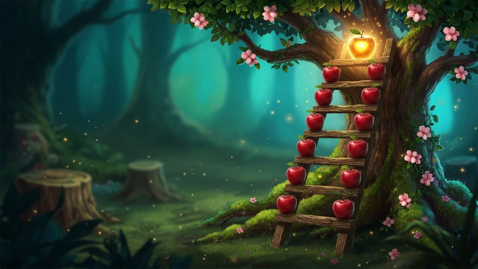 A wooden ladder with ten rungs leaning against an apple tree, red apples on the lower rungs and a golden apple at the top