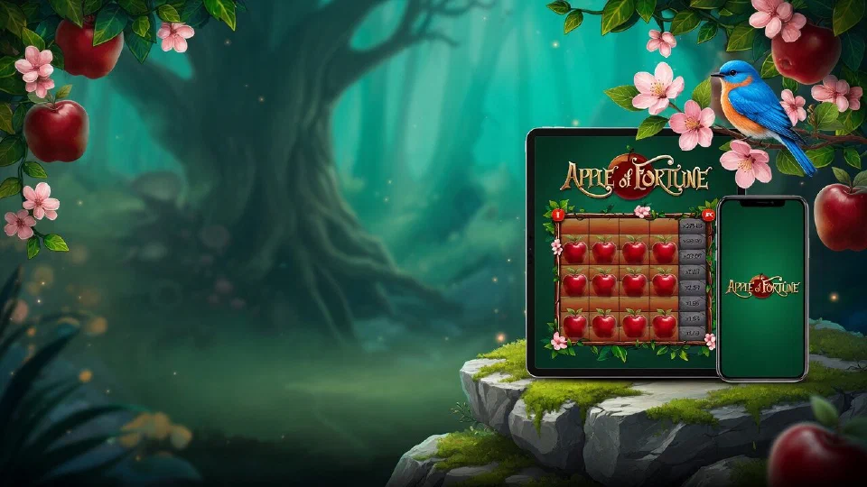A tablet showing the Apple of Fortune board and a phone showing its logo, propped on a mossy rock under apple blossom with a bluebird