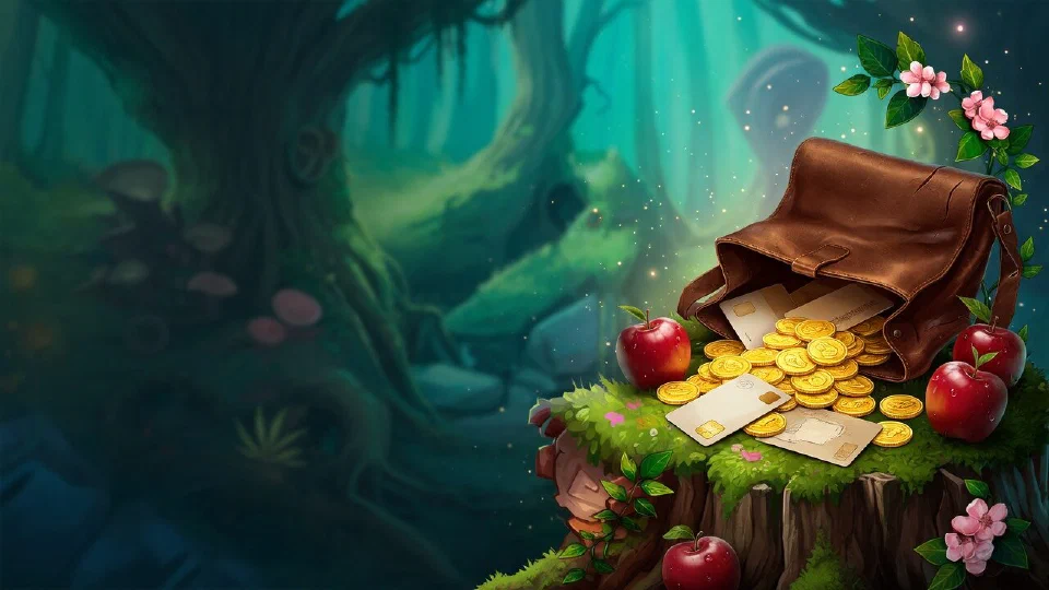 A leather satchel spilling gold coins, blank payment cards and red apples onto a mossy stump