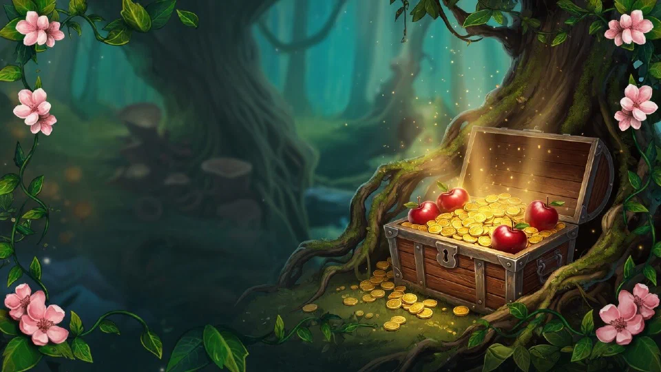 An open wooden treasure chest overflowing with gold coins and red apples among tree roots, golden light rising