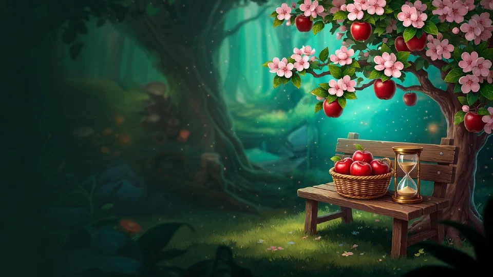 A wooden bench under a blossoming apple tree in a quiet glade, a basket of apples and a brass hourglass on the bench