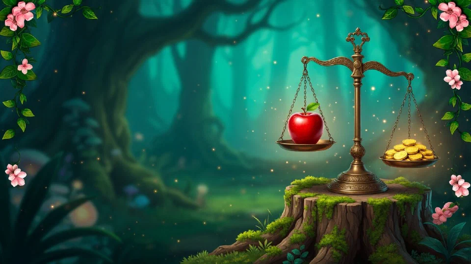 An antique brass balance scale on a mossy stump with a red apple on one pan and gold coins on the other