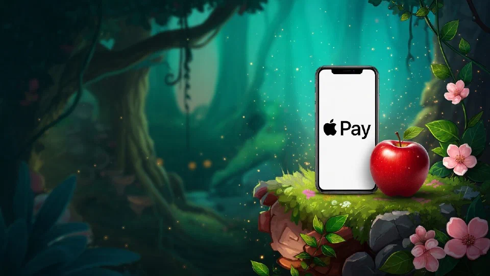 Apple Pay logo on the screen of a smartphone standing on a mossy rock beside a red apple