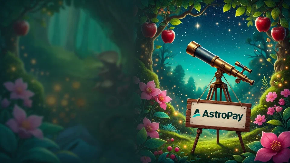 AstroPay logo on a wooden plaque hanging from a brass telescope tripod in a starlit forest glade