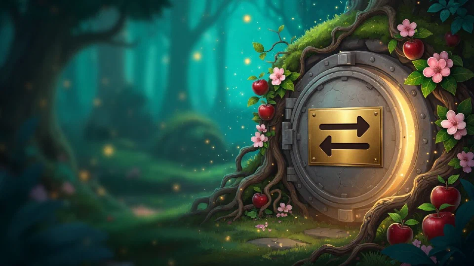 A bank transfer symbol on a polished brass plate fixed to a round stone vault door set in a hillside of tree roots