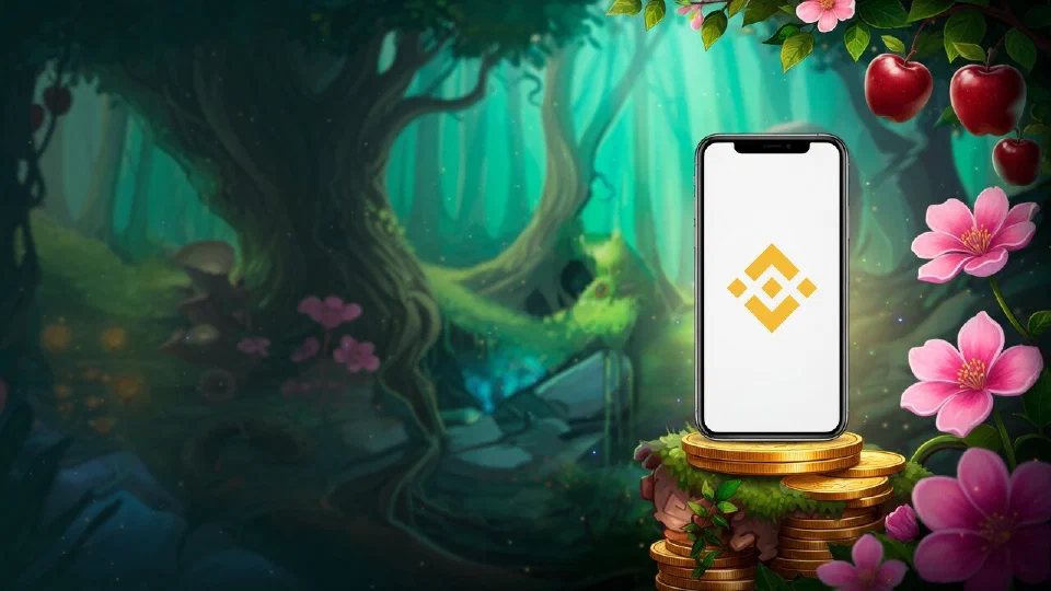 Binance Pay logo on the screen of a smartphone standing on a pedestal of stacked gold coins