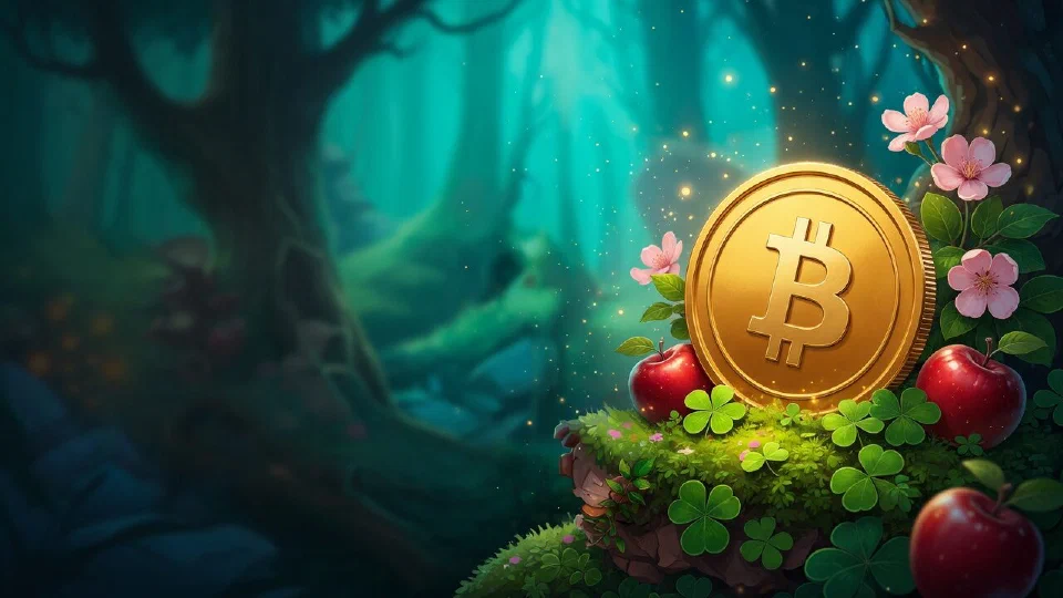 Bitcoin logo embossed on a large gold coin standing upright in a bed of moss and clover