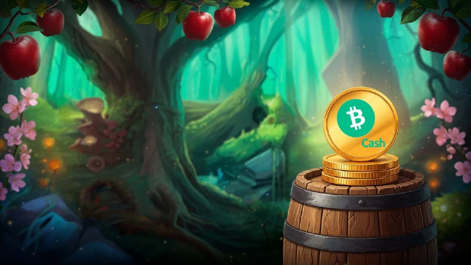 Bitcoin Cash logo on the top coin of a short stack resting on an old wooden barrel