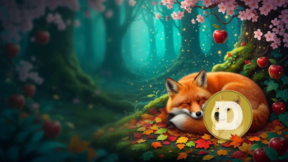 Dogecoin logo on a big gold coin beside a friendly red fox curled up on autumn leaves