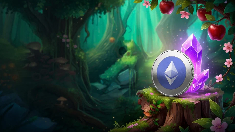 Ethereum logo engraved on a round silver coin leaning against a glowing violet crystal on a mossy stump