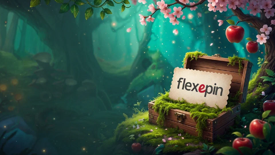 Flexepin logo printed on a prepaid voucher card in a small open wooden box lined with moss