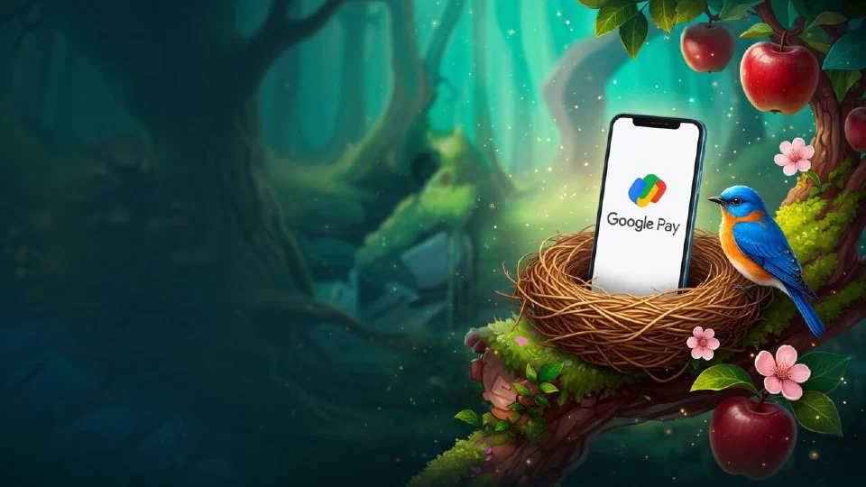 Google Pay logo on the screen of a smartphone resting in a bird nest on an apple branch, a bluebird beside it
