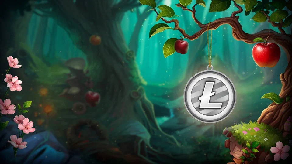 Litecoin logo on a silver coin hanging from an apple branch on a thin golden thread like an ornament