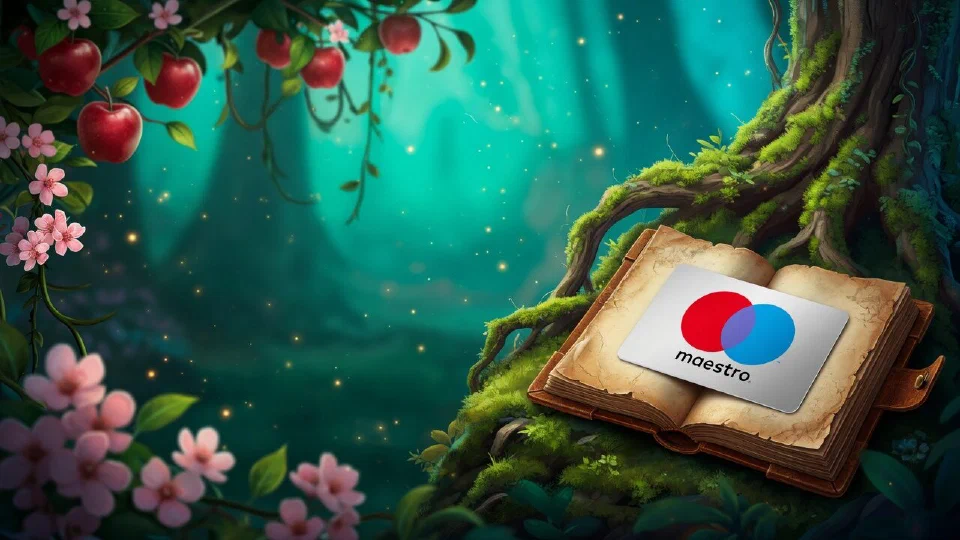 Maestro logo on a payment card resting on an open old storybook lying on a tree root