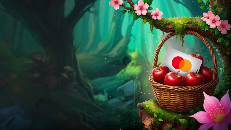 Mastercard logo on a payment card tucked into a wicker basket of red apples hanging from a branch