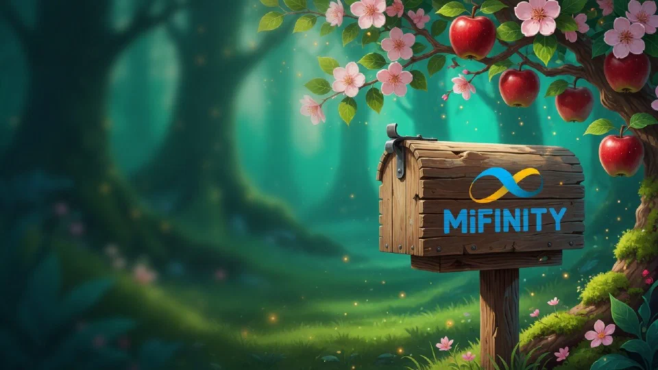 MiFinity logo painted on the side of a wooden mailbox on a post under a blossoming apple tree