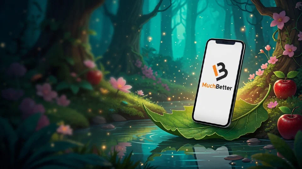 MuchBetter logo on the screen of a smartphone lying on a giant green leaf on a calm forest stream