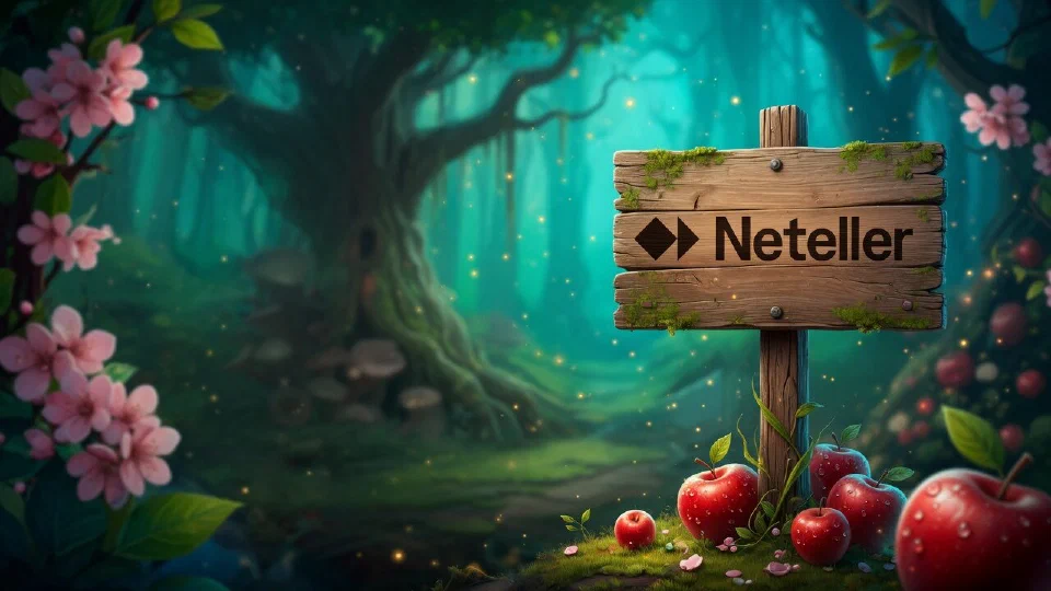 Neteller logo painted on the board of a wooden signpost at a forest crossroads with apples on the ground