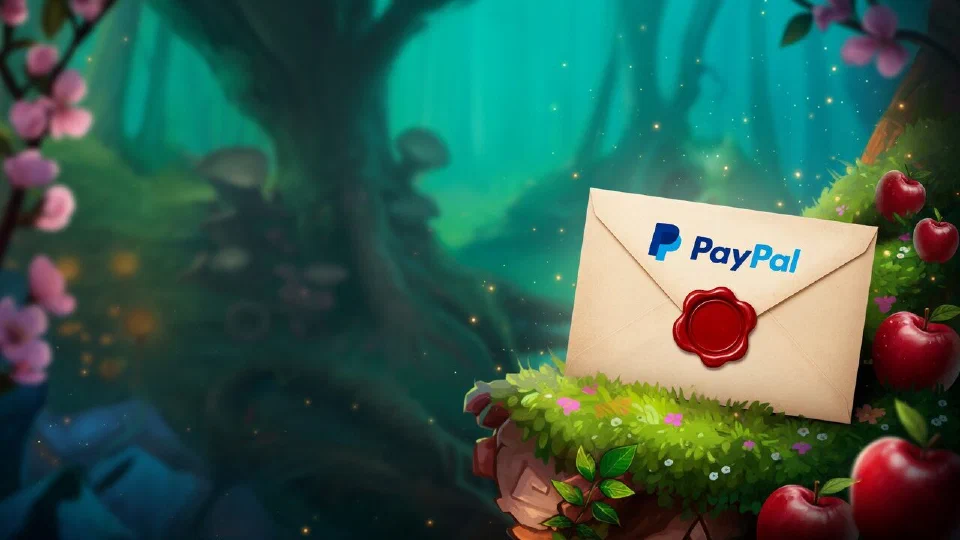 PayPal logo printed on a paper envelope sealed with red wax among red apples on moss