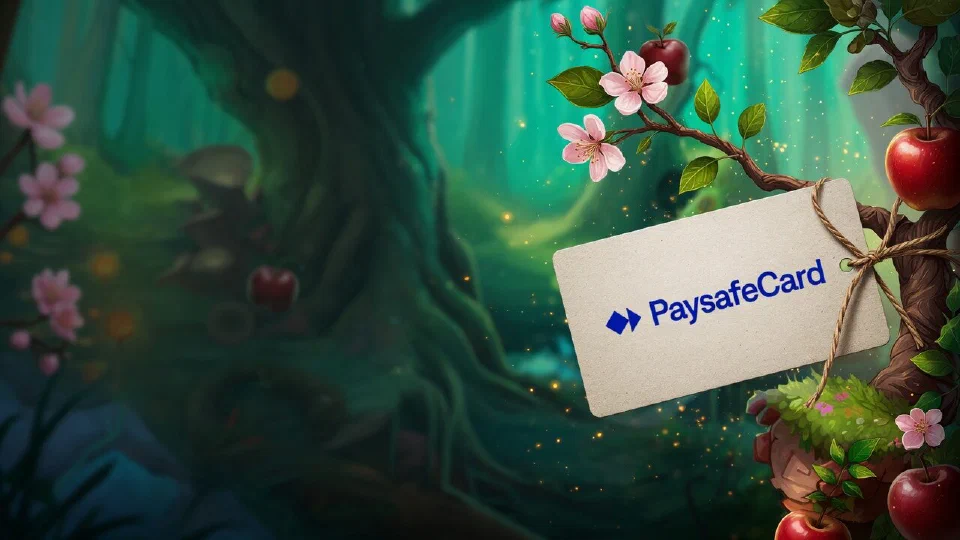 Paysafecard logo printed on a prepaid voucher card tied with twine to a blossoming apple branch