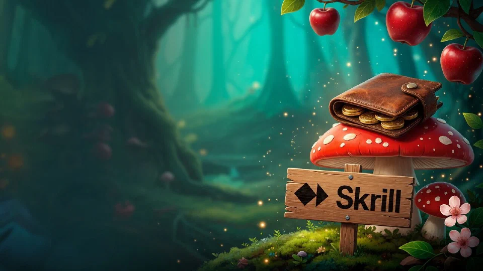 Skrill logo painted on a small wooden sign in the moss beside a wallet with gold coins on a red toadstool