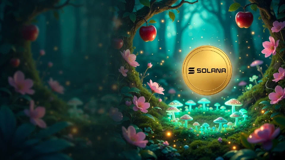 Solana logo on the face of a coin floating above a glowing ring of mushrooms in the forest