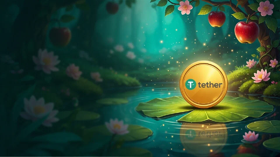 Tether logo on the face of a coin resting on a lily pad in a still forest pond