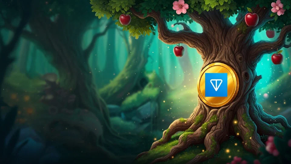 TON logo on a gem-like coin set into the bark of an ancient oak like a jewel