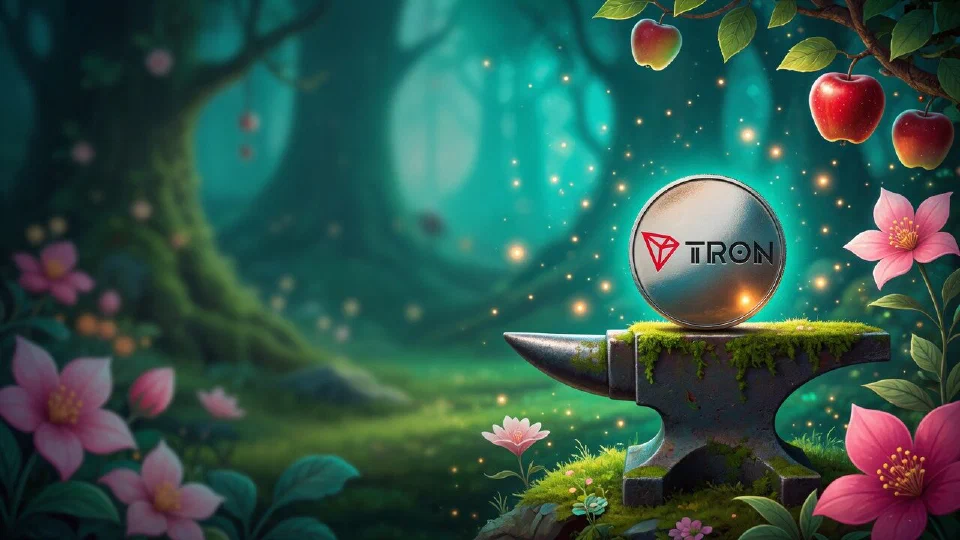 TRON logo on the face of a coin resting on an old mossy anvil among pink blossoms