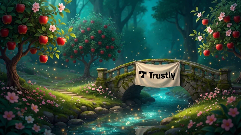 Trustly logo on a cloth banner hanging from the rail of an arched stone bridge over a clear forest brook